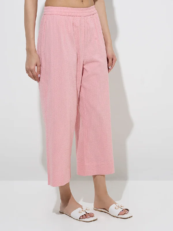Utsa Light Pink Seersucker Striped Cotton Ethnic Pants Fashionable Sporty Pants