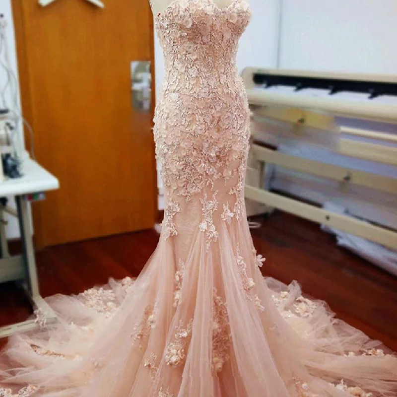 Pink Lace Sweetheart Sexy Mermaid Wedding Party Dresses With Appliques, WD0033 Tunics Office stylish Pink Lace Sweetheart Sexy Mermaid Wedding Party Dresses With Appliques, WD0033 Tunics Office stylish