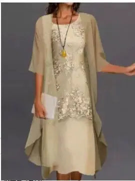 Evening wear Dresses: Round Neck Lace Chiffon Irregular Cardigan dress set Mesh Blend Leather Blend Suede Blend