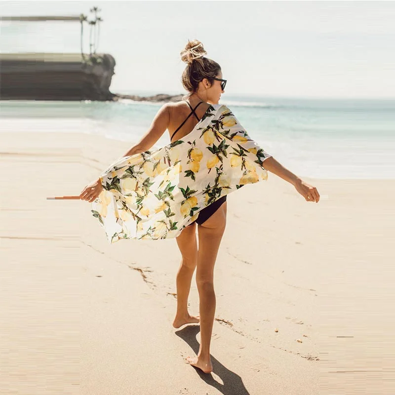 Lemon Printed Kimono Cardigan Beach Dress Boxy Cardigan Fitted Cardigan A-Line