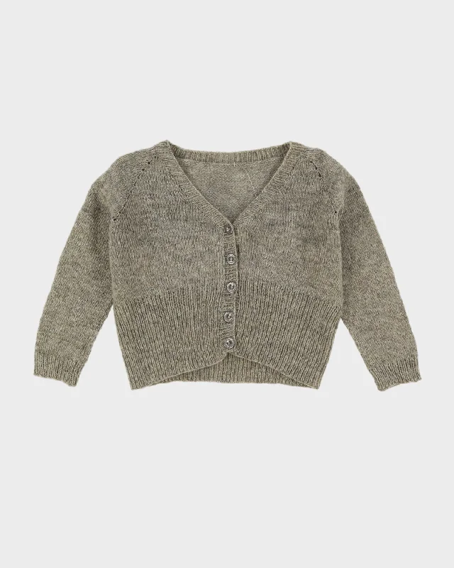 Grey Hand Knitted Cropped Cardigan - S Solid Print Embellished