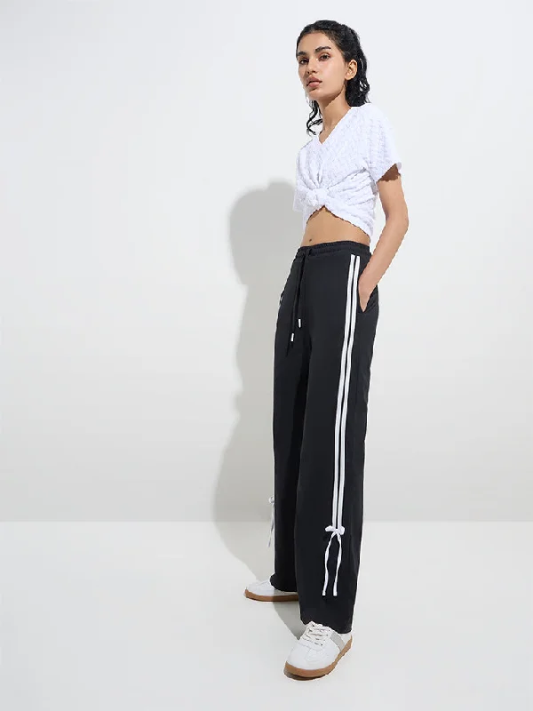 Studiofit Black Stripe Detailed High-Rise Cotton Track Pants Formal Wide-Leg Pants
