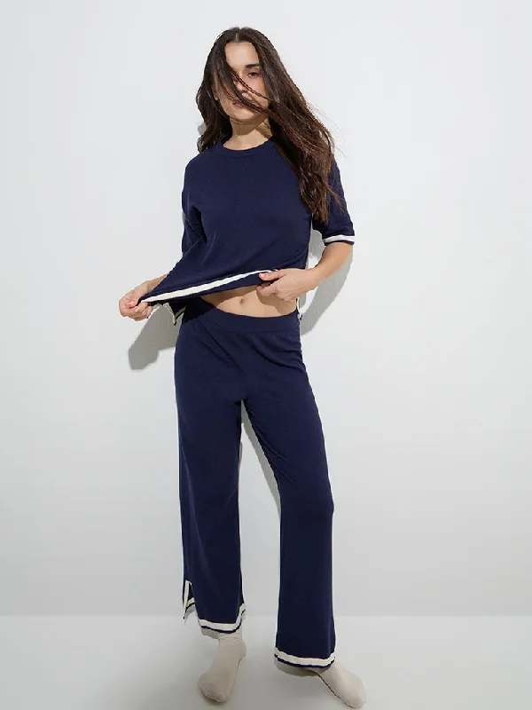 Wunderlove Navy Slit-Detailed Mid-Rise Lounge Pants Formal Linen Trousers