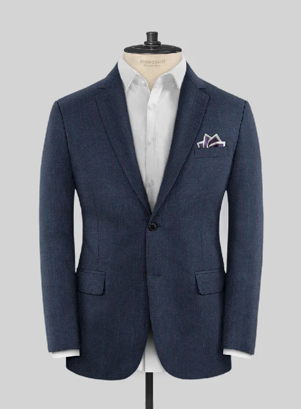 Scabal Cosmopolitan Stripe Denim Blue Wool Jacket Embroidered Jacket Appliqued Jacket Beaded Jacket