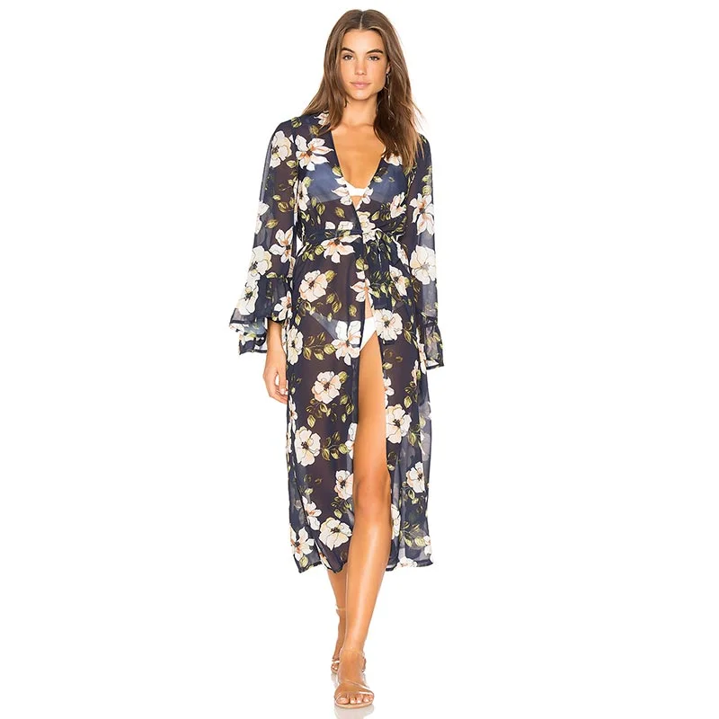 Belted Flowers Chiffon Flare Sleeve Cardigan #Flowers #Flare Sleeve Boat Neck Shawl Collar Notched Collar