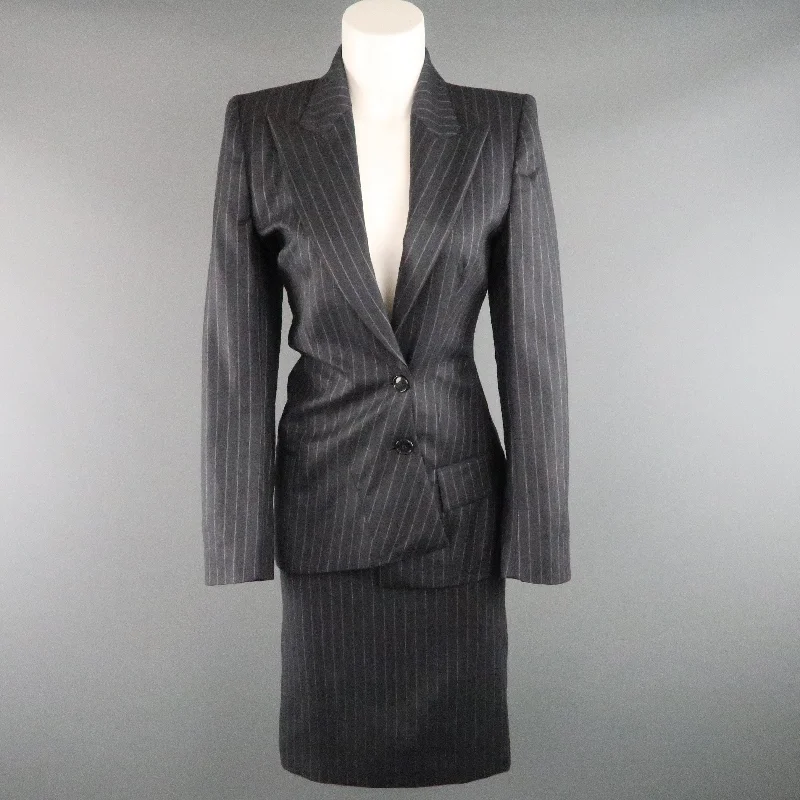 COPPERWHEAT BLUNDELL 12 Gray Pinstripe Wool Asymmetrical Peak Lapel Skirt Suit linen skirt airy