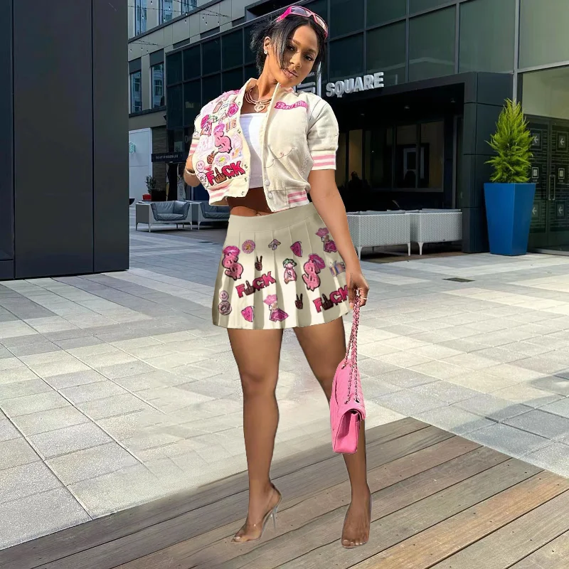 Women'S Fashion Letter Lip Printed Baseball Uniform Jacket And Pleated Skirt Two-Piece Set Anorak Shell Jacket Lightweight Jacket