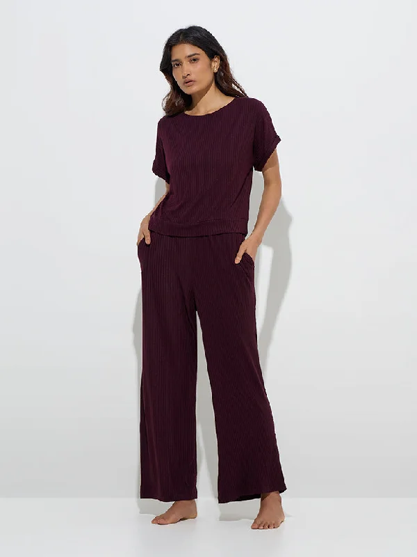 Wunderlove Plum Self Striped High-Rise Lounge Pants Stretch Fit Pants
