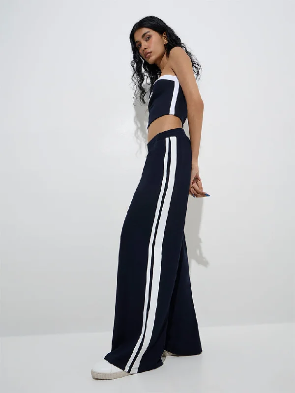 Nuon Navy Panel-Detailed High-Rise Track Pants Relaxed Fit Trousers