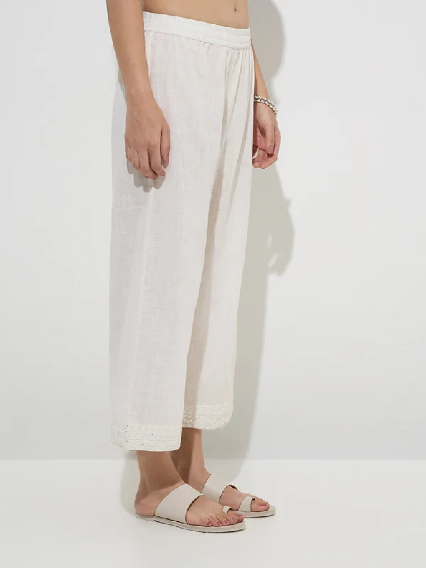 Utsa Off-White Mirror-Work High-Rise Cotton Pants Comfortable Wide-Leg Pants
