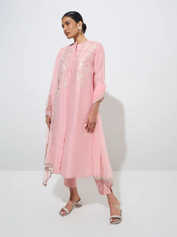 Vark Light Pink Embroidered Kurta, Pants, and Dupatta Set Comfy Zip-Up Pants