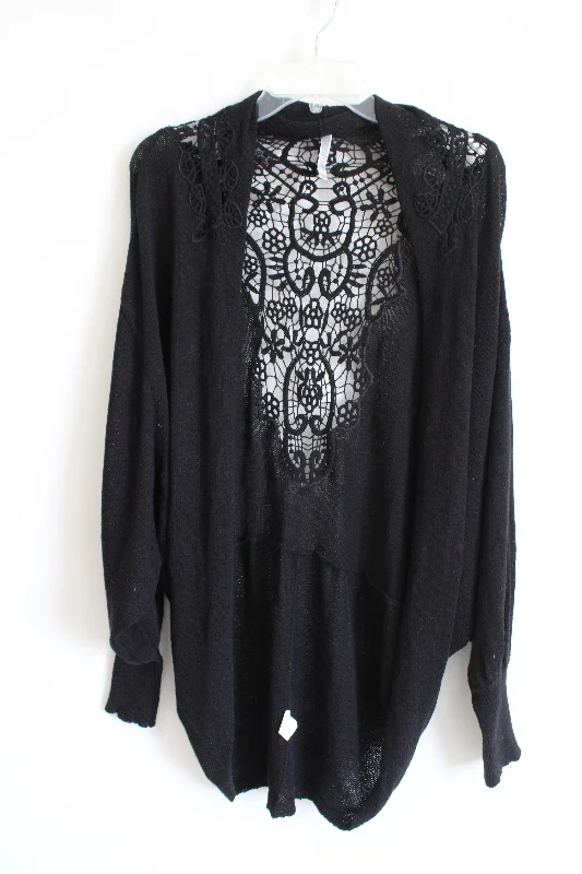 Monoreno Crocheted Back Black Cardigan | L Oversized Loose Flowy