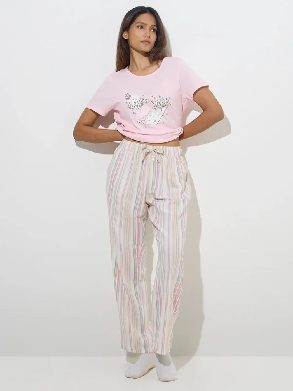 Wunderlove Multicolour Striped High-Rise Lounge Pants Chic Faux Leather Pants