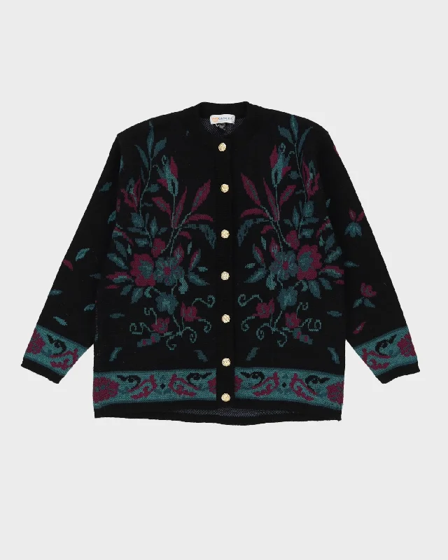 Black Floral Patterned Knitted Cardigan - M Chenille Brocade Lace