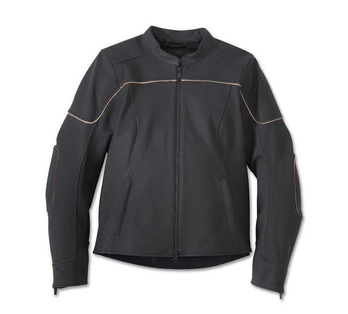 Harley-Davidson Women's Merit Perforated Leather Riding Jacket Notch Collar Jacket Peter Pan Collar Jacket Cowl Neck Jacket
