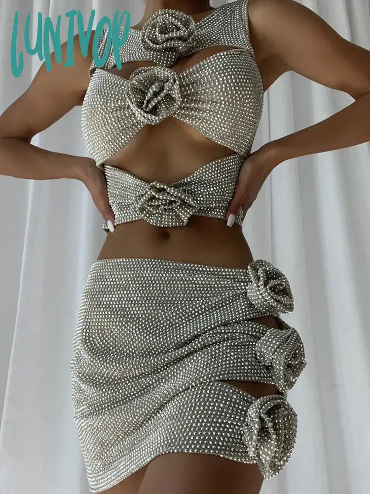 Lunivop Women Luxury Sexy O Neck Flower Diamonds Cut Out Silver Gold Pink Mini Skirt Set Knitted Elegant Evening Club Party Dress Bodycon Fitted Nightout Lunivop Women Luxury Sexy O Neck Flower Diamonds Cut Out Silver Gold Pink Mini Skirt Set Knitted Elegant Evening Club Party Dress Bodycon Fitted Nightout