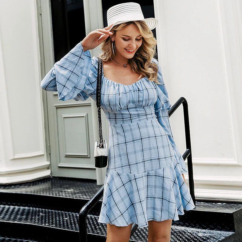 Simplee Vintage Plaid Women Dress Elegant Square Collar Long Puff Sleeve Ladies Autumn Mini Dress Sexy Ruffle A-line Party Dress Tunics Timeless classic Simplee Vintage Plaid Women Dress Elegant Square Collar Long Puff Sleeve Ladies Autumn Mini Dress Sexy Ruffle A-line Party Dress Tunics Timeless classic
