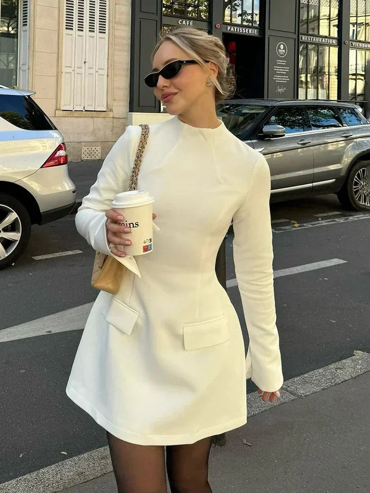 Lunivop Elegant Long Sleeve Slim Mini Dress For Women A-Line High Waist Two Pockets Solid Autumn Winter New Party Dress Female Peplum Ruffle Cocktail