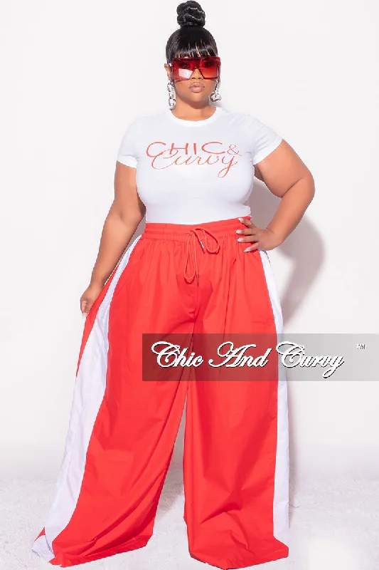 Final Sale Plus Size Oversized Varsity Striped Wide Leg Pants in Red and White Fashionable Track Pants