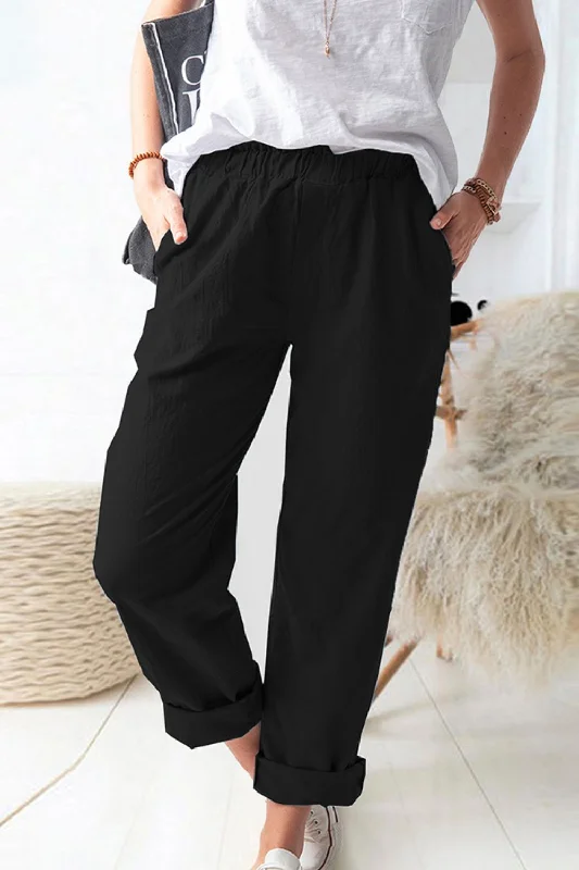 Paperbag Waist Pull-On Pants with Pockets Casual Drawstring Pants