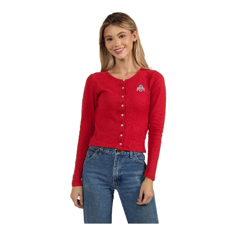 Ladies Ohio State Buckeyes Primary Logo Button Down Cardigan Solid Print Embellished