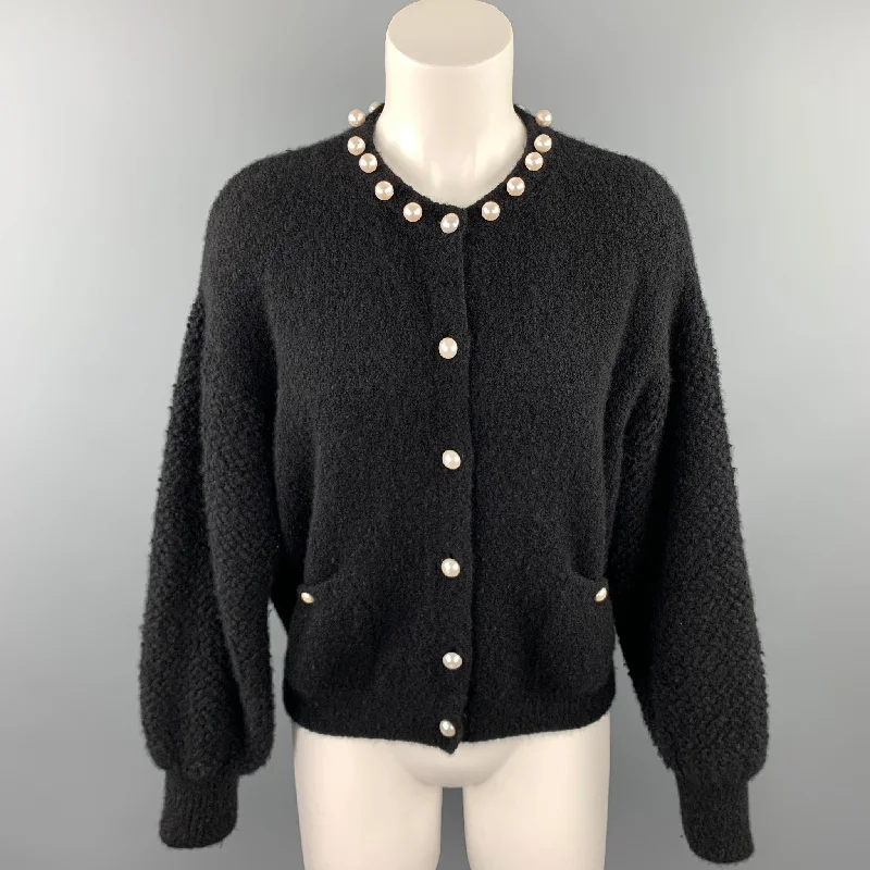 CHANEL Size 6 Black Knitted Textured Cashmere Blend Cardigan Silk Blend Satin Velvet
