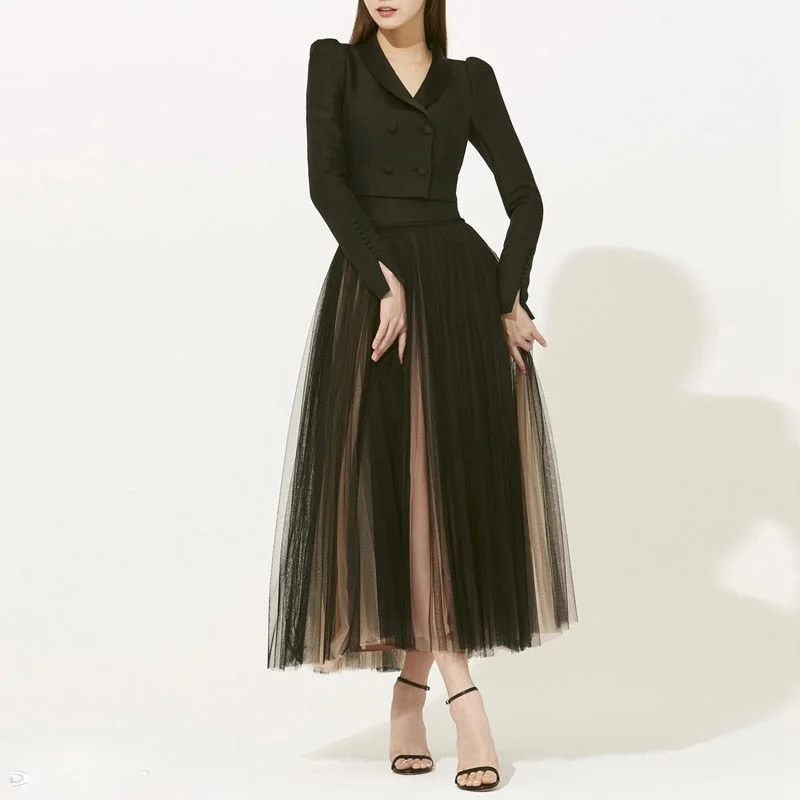 2022 Solid Color Green Fruit Collar Long-Sleeved Split Top + Mesh Half Skirt Slim Commuter Casual Woman Suit belted skirt waist