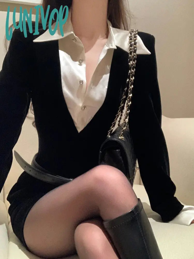 Lunivop Spring Black Elegant Dress Women Sexy Patchwork Y2K Designer Mini Dress Female Casual Korean Fashion Slim Party Dress New Tunics Velvet soft Lunivop Spring Black Elegant Dress Women Sexy Patchwork Y2K Designer Mini Dress Female Casual Korean Fashion Slim Party Dress New Tunics Velvet soft