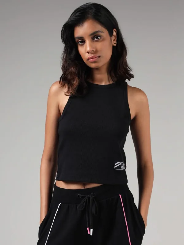 Studiofit Black Self Striped Cotton Blend Tank Top playful tank top