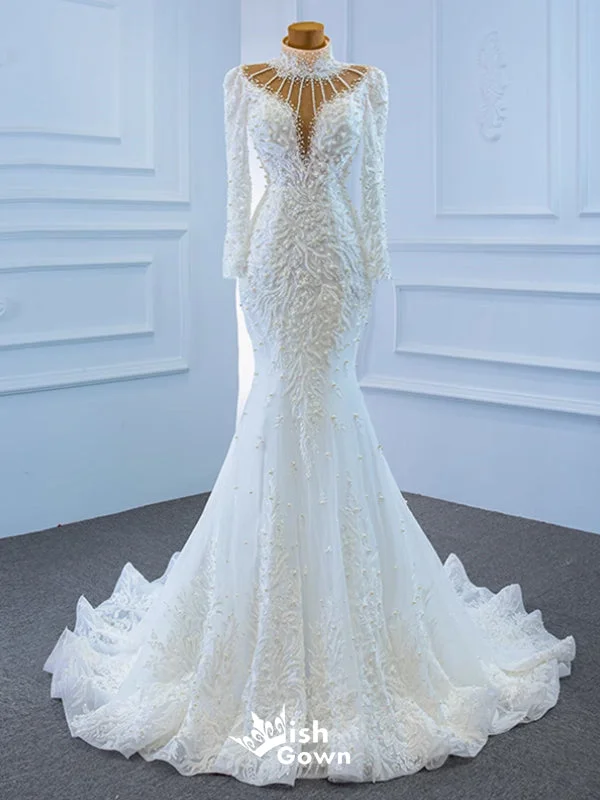 Gorgeous White Beaded Long Sleeves High Neck Embroidery Mermaid Lace up Back Party Dress Long Prom Dresses to Impress, WGP950 Tunics Floral girly Gorgeous White Beaded Long Sleeves High Neck Embroidery Mermaid Lace up Back Party Dress Long Prom Dresses to Impress, WGP950 Tunics Floral girly