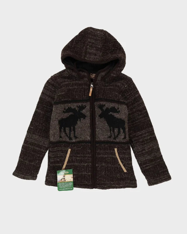 Brown Fleece Lined Chunky Knit Cardigan - S Herringbone Houndstooth Plaid