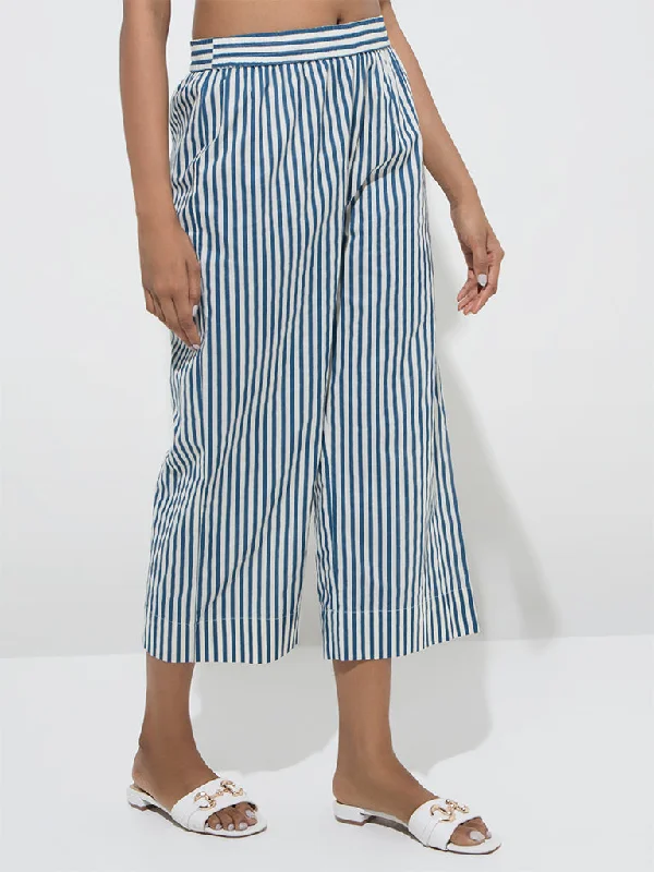 Utsa Blue Stripe Printed Cotton Ethnic Pants Soft Stretch Pants