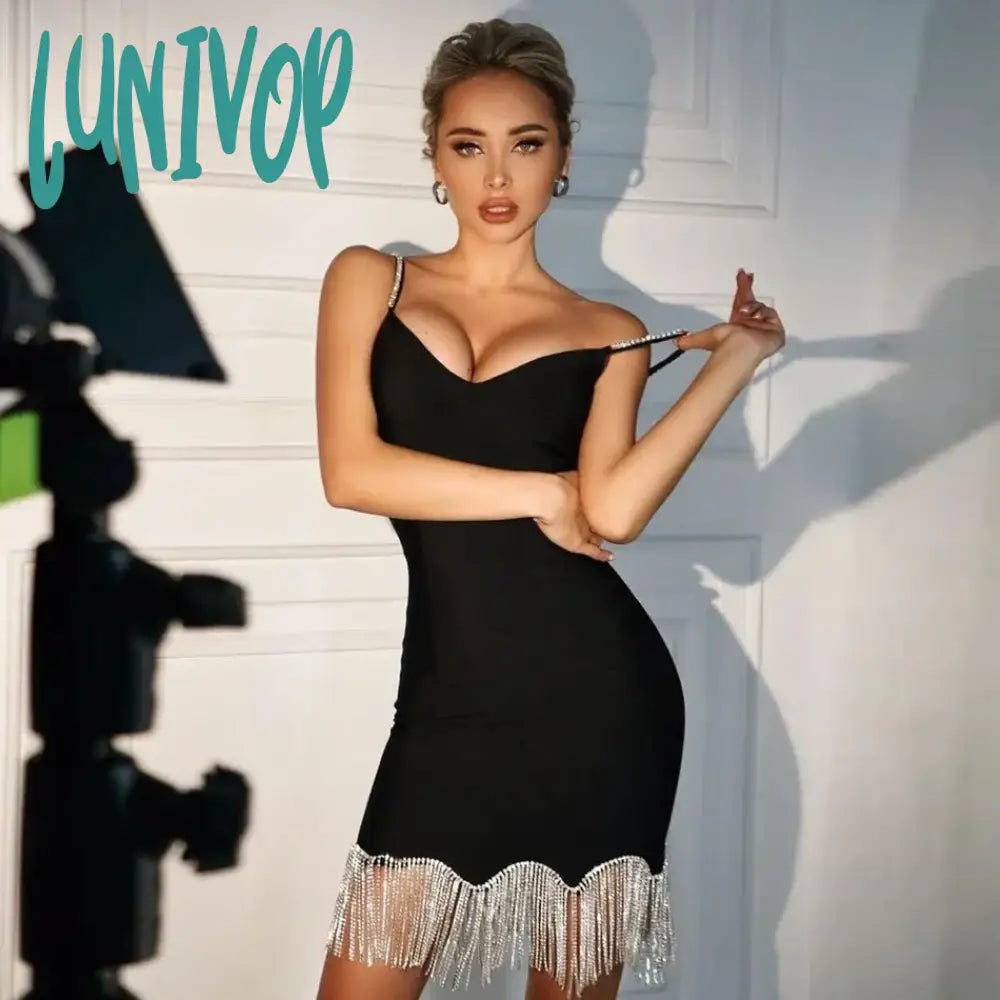 Lunivop New Elegant Women Black Spaghetti Strap V Neck Mini Bandage Dress Sexy Diamonds Tassel Celebrity Runway Party Dresses Tunics Sophisticated sleek Lunivop New Elegant Women Black Spaghetti Strap V Neck Mini Bandage Dress Sexy Diamonds Tassel Celebrity Runway Party Dresses Tunics Sophisticated sleek