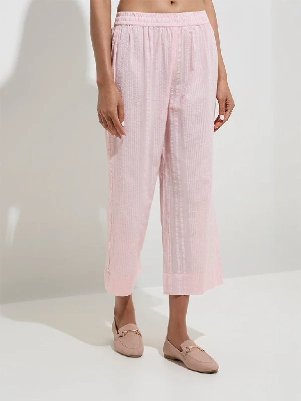 Zuba Pink Seersucker Striped Cotton Ethnic Pants Soft Wool Pants