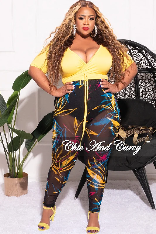 Final Sale Plus Size 2pc Long Sleeve Crop Tie Top and Mesh Pants in Yellow Multi Color Chic Faux Leather Pants