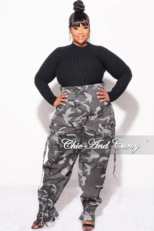 Final Sale Plus Size Camo Paperbag Pants with Elastic Waist in Grey Camouflage Trendy Work Pants