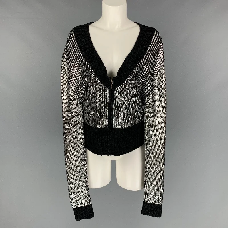 VENA CAVA Size L Silver &  Black Rayon Metallic Cardigan Fitted Slim Tailored