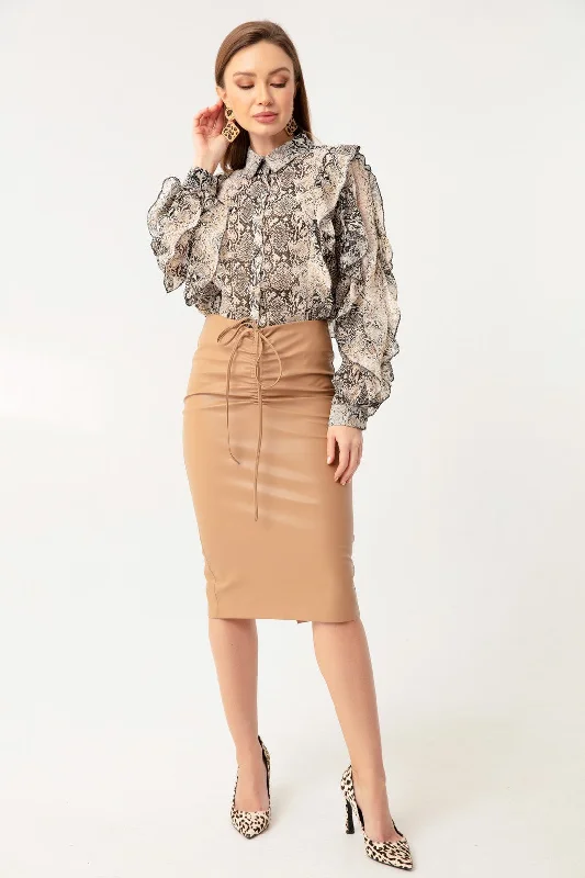 Female Shirring Detailed Slip Leather Skirt leather skirt sleek