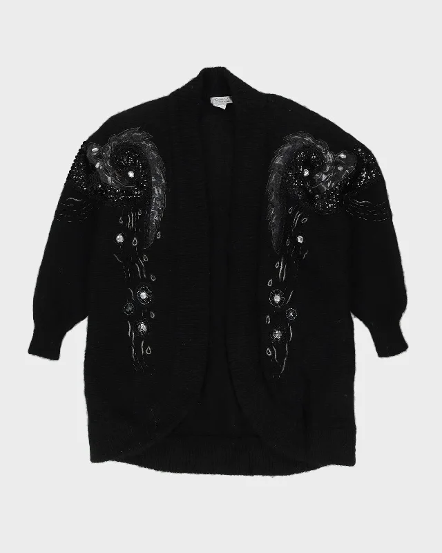 Black Oversized Mohair Knitted Cardigan - M / L Houndstooth Herringbone Solid