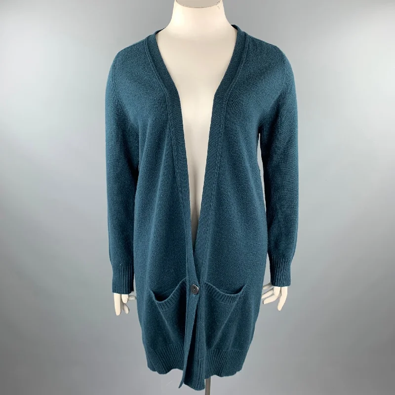 HERMES Size 10 Dark Green Knitted Cashmere Buttoned Cardigan Patchwork Embroidered Appliqued