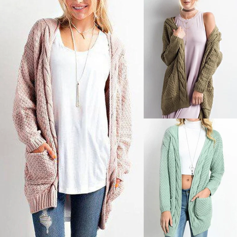 Women Winter Autumn Casual Solid Color Knitted Sweater Cardigan Boat Neck Shawl Collar Notched Collar