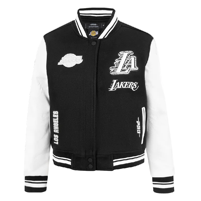 NBA LOS ANGELES LAKERS PEARLS WOMEN'S RIB WOOL VARSITY JACKET (BLACK/WHITE) Rayon Jacket Velvet Jacket Corduroy Jacket
