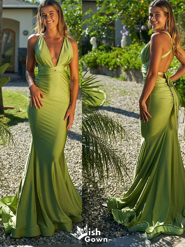 Gorgeous Green Plunging Mermaid Long Party Dress Prom Dresses,WGP989 Satin Halter Glamorous Gorgeous Green Plunging Mermaid Long Party Dress Prom Dresses,WGP989 Satin Halter Glamorous