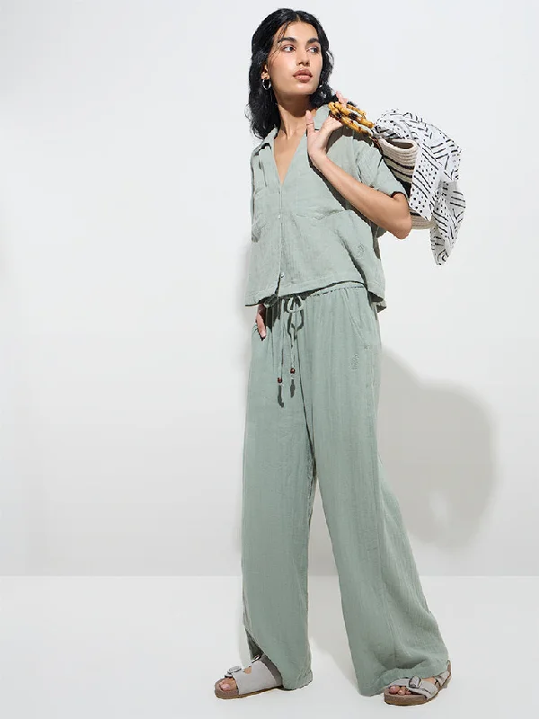 Bombay Paisley Sage Crinkled High-Rise Cotton-Blend Pants Modern Stretch Trousers