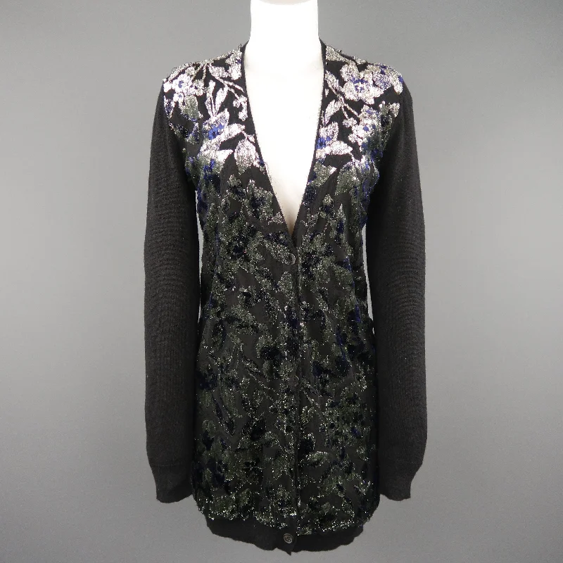 LANVIN Size M Black Metallic Burnout Jacquard Panel  Cardigan Thin Thick Dense