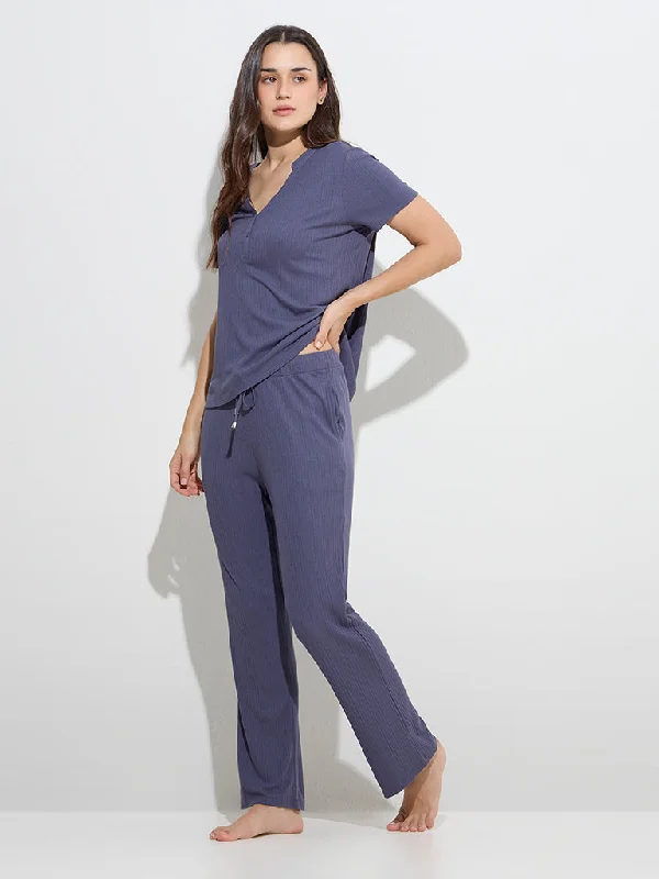 Wunderlove Grey Ribbed-Textured High-Rise Lounge Pants Classic Flared Pants