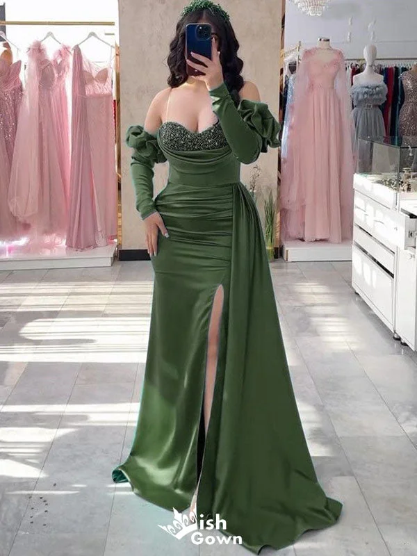 Elegant Green Strapless Mermaid Long Sleeves Side Slit Long Party Dress Prom Dresses,WGP982 Tunics Fall fleece