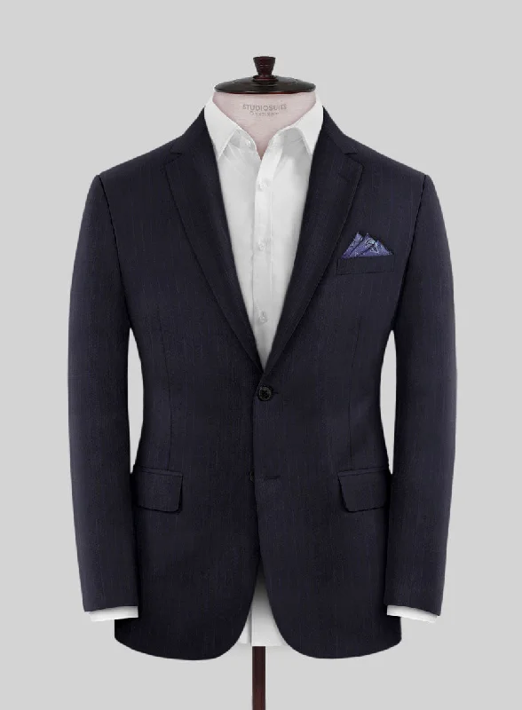 Scabal Londoner Corta Stripe Blue Wool Jacket Front Pockets Side Pockets Patch Pockets