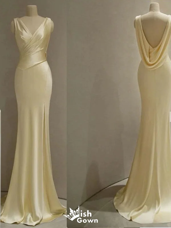 Elegant Light Yellow V Neck Mermaid Long Party Dress Prom Dresses, WGP970 Tunics New arrival
