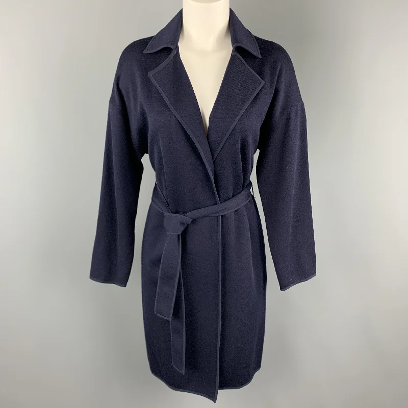 ST. JOHN Size S Navy Wool Blend Extended Cardigan Duster Coat Open Front Closed Front Wrap Front